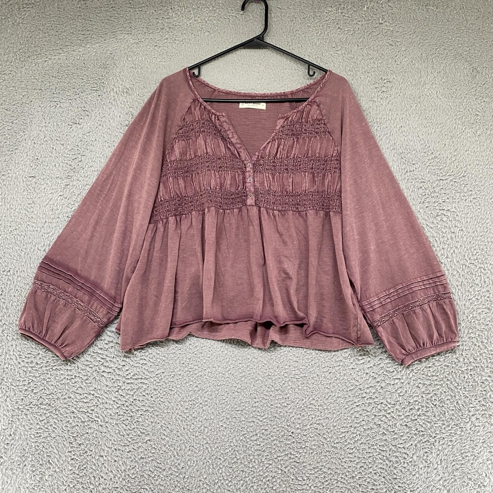 Lucky Brand Babydoll Top Womens XL Pink Smocked Boho Balloon Sleeve Peasant